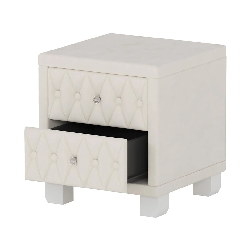 Velvet Nightstand with 2 Drawers, Storage Bedside Table with Button-Tufted and Crystal Handle for Bedroom, Living Room, Apartmen