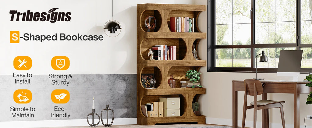 Tribesigns 71" Tall Bookcase, 4-Tier S-Shaped Bookshelf, Wood Decorative Storage Shelving, Modern Freestanding Display Shelves