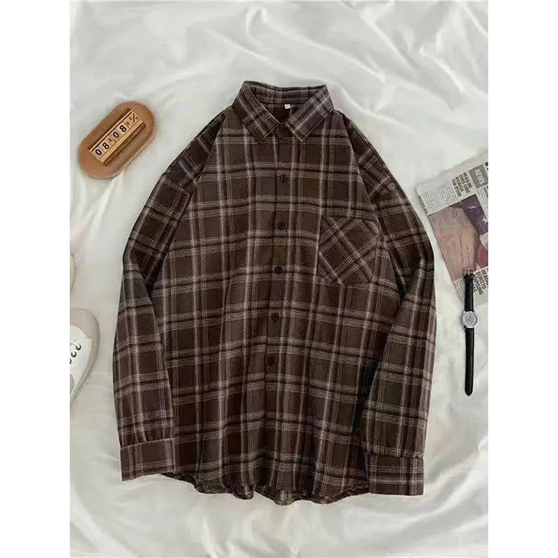 MEXZT Vintage Oversized Plaid Shirts Women Streetwear Long Sleeve Blouses Harajuku Korean Pocket Loose Casual All Match Tops New