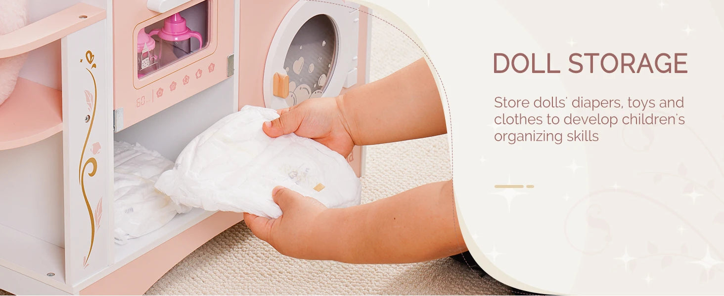 Robud Wooden 6-in-1 Baby Doll Changing Table with Baby Doll Crib Washing Machine Bottle Sterilizer Storage Area for Kids in Pink