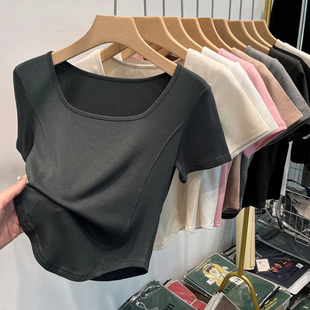 Fashion Summer Square Neck T-shirt Sweet Simplicity Slim Top Casual Trendy Short Top Female
