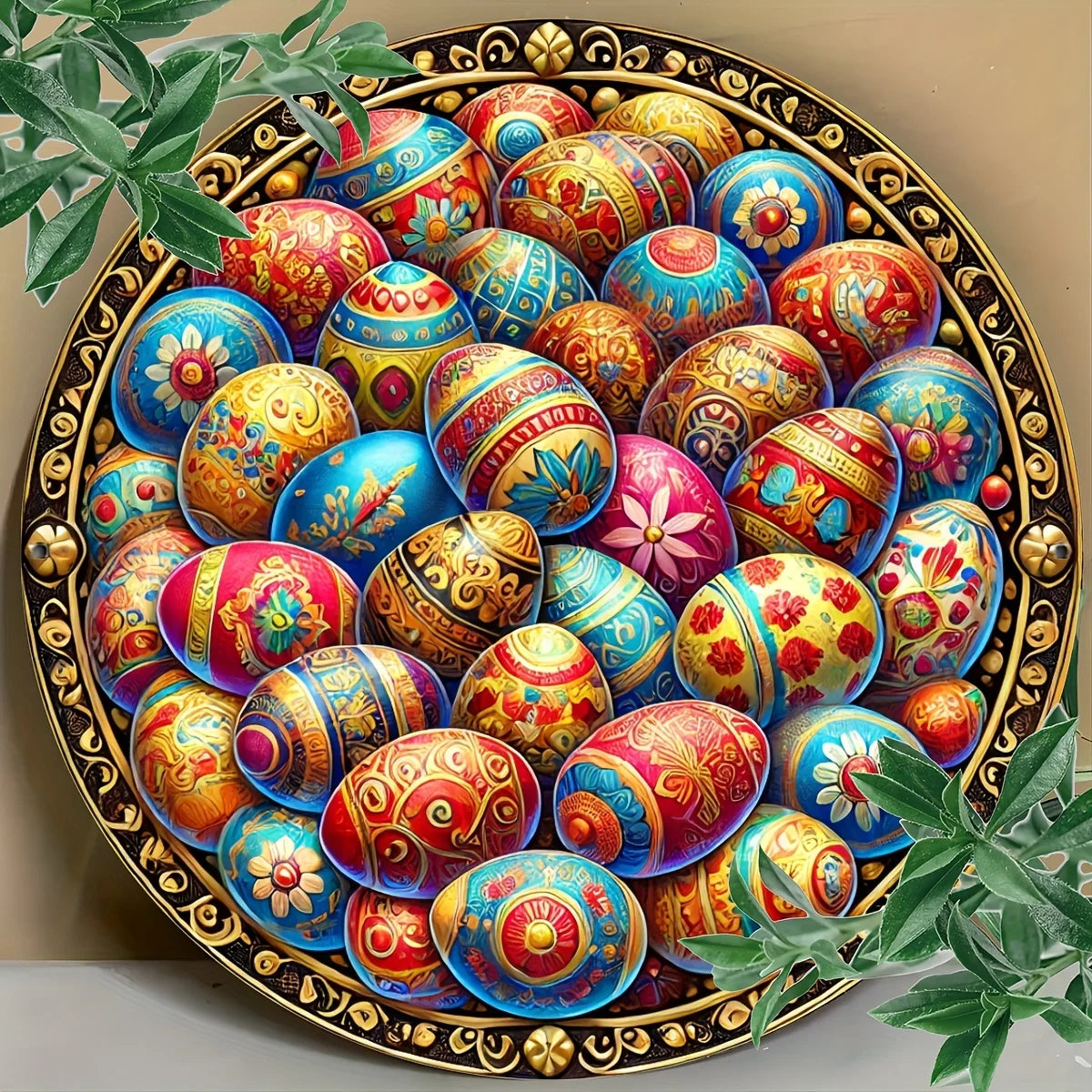 Easter Egg Aluminum Foil Engraved Art Plate, Round Resin Wreath Decor, Metal Embossed Ornament for Home & Dorm - Pack of 1