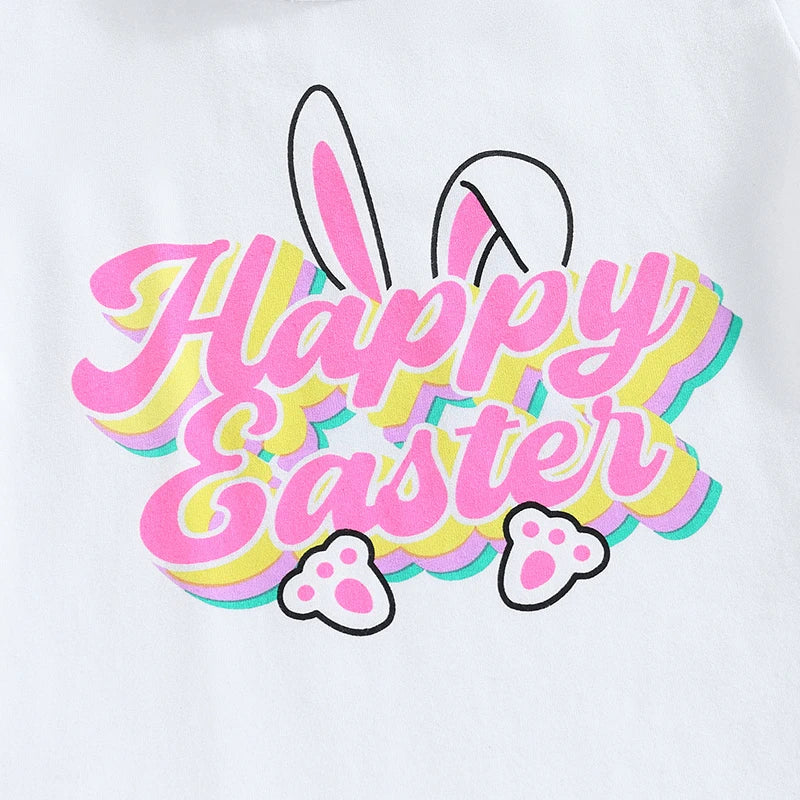 Easter Outfits Set Bunny Print Short Sleeve T-Shirts and Carrot Print Pants 2Pcs Sets for Toddler Kids Easter Party Wear