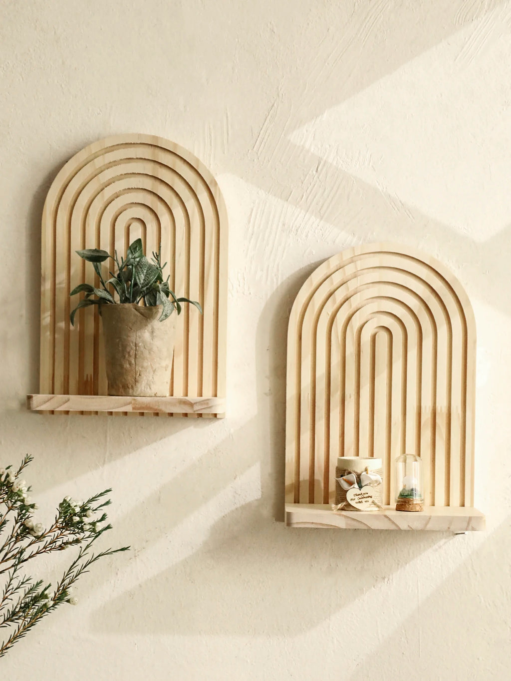 1pc Wooden Wall Shelves Boho Rustic Arch Floating Wall Mounted Shelf Plants Holder Vase Display Stand Home Decor Storage Rack