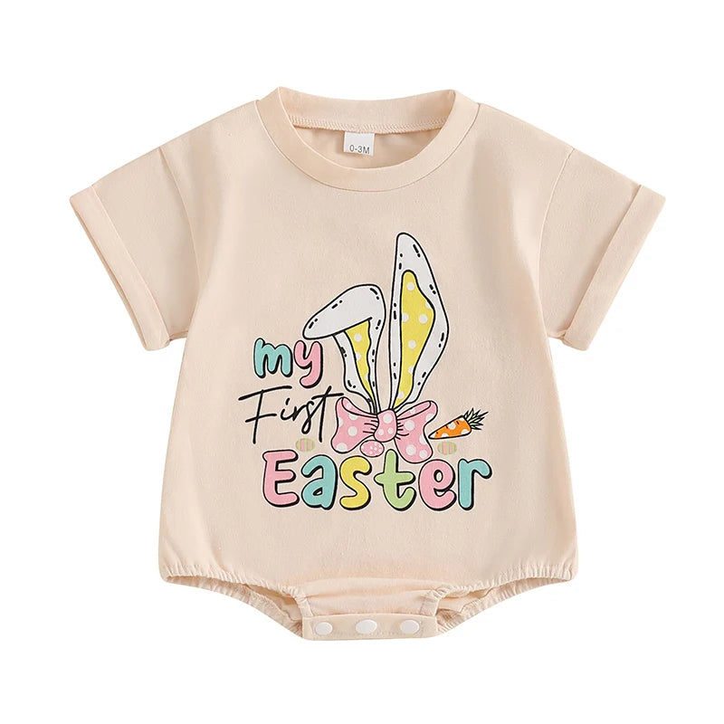 Infant Easter Jumpsuit Adorable Bunny Ears Pattern Short Sleeve Romper Newborn Bodysuit Spring Playsuit Loose Fit Bunny Outfit