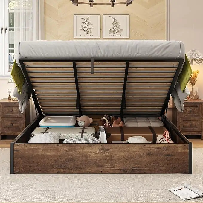 Lift Up Storage Bed, Queen Bed Frame with Storage Underneath, Wooden Platform Bed Frame, Solid Wood Slats Support