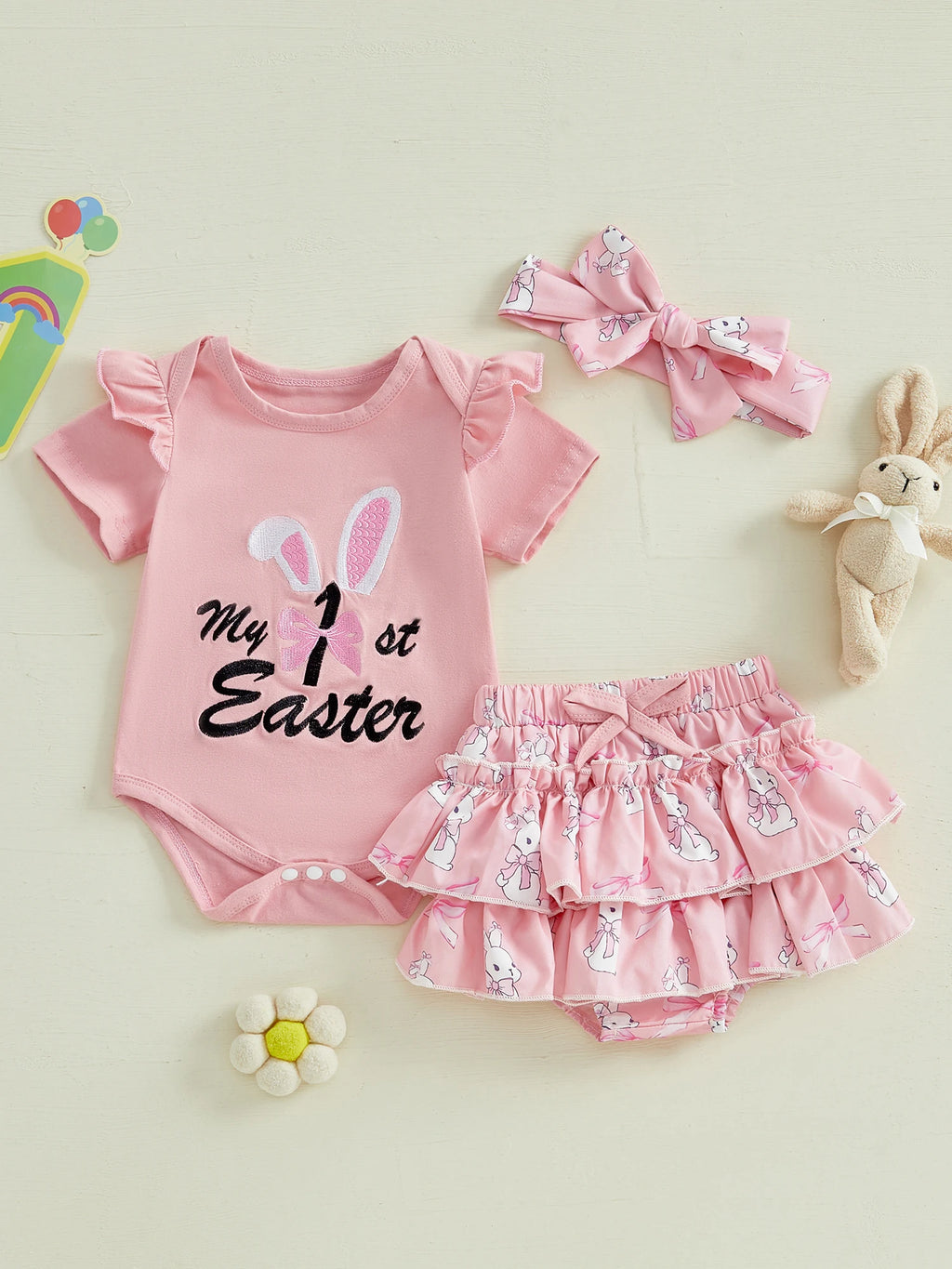 Adorable Toddler Easter Dress Floral Print Sleeveless Romper Ruffle Shorts Headband 3-Piece Outfit Set for Baby Girls