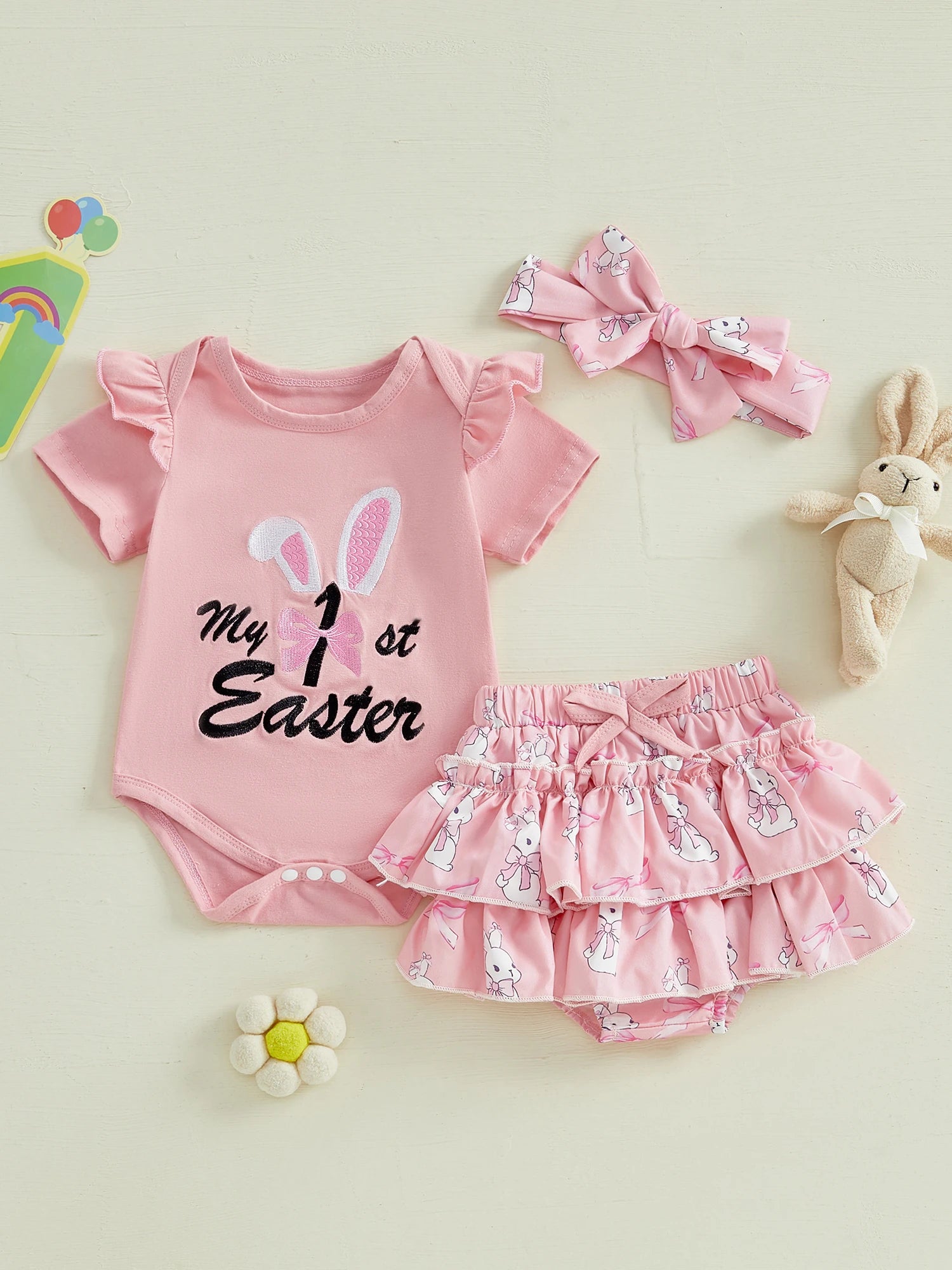 Adorable Toddler Easter Dress Floral Print Sleeveless Romper Ruffle Shorts Headband 3-Piece Outfit Set for Baby Girls