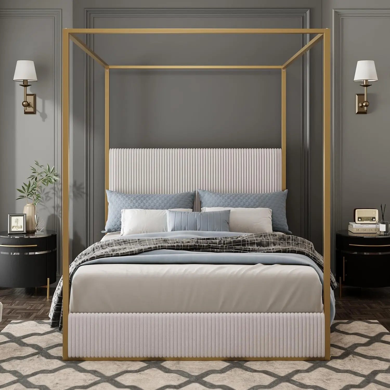 King Size Canopy Bed Frame, 4 Poster Metal Canopy Bed with Tall Upholstered Headboard, Corduroy Platform Bed, No Box Spring Need