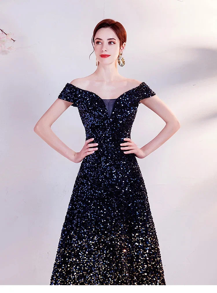 One Shoulder Evening Gown New Gradient Black Annual Party Stage Performance Host Walking Fish Tail Dress for Women 2026