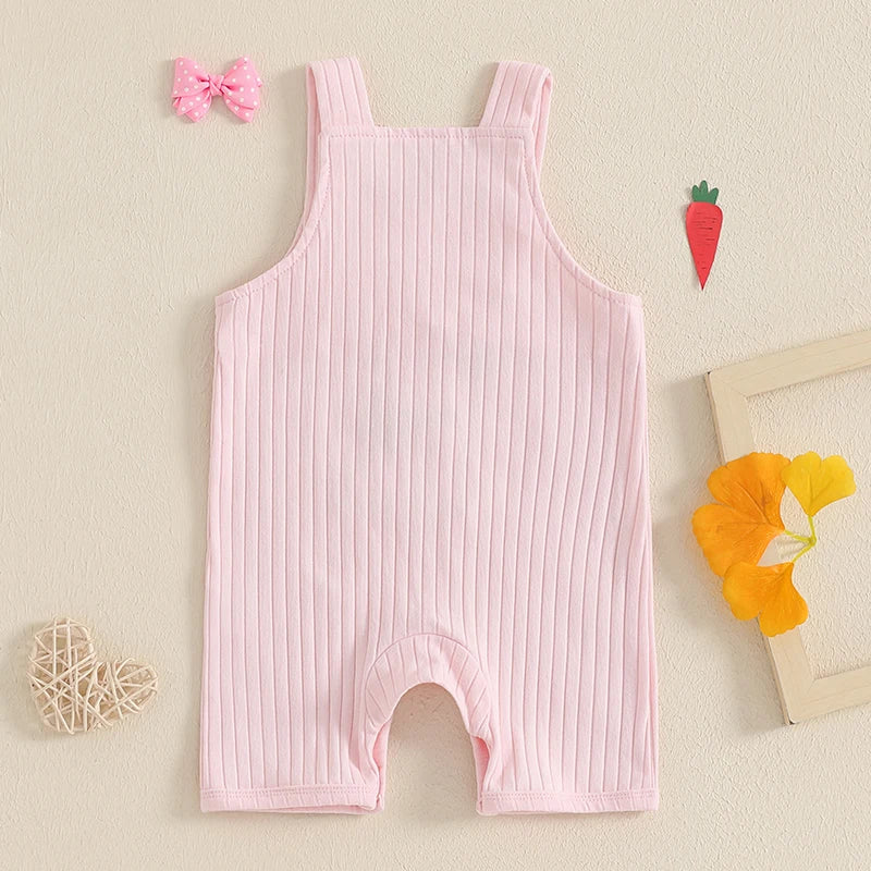 Easter Bunny Embroidered Sleeveless Romper Jumpsuit Square Neck Bodysuit for Infant Boys and Girls Cute Holiday Outfit