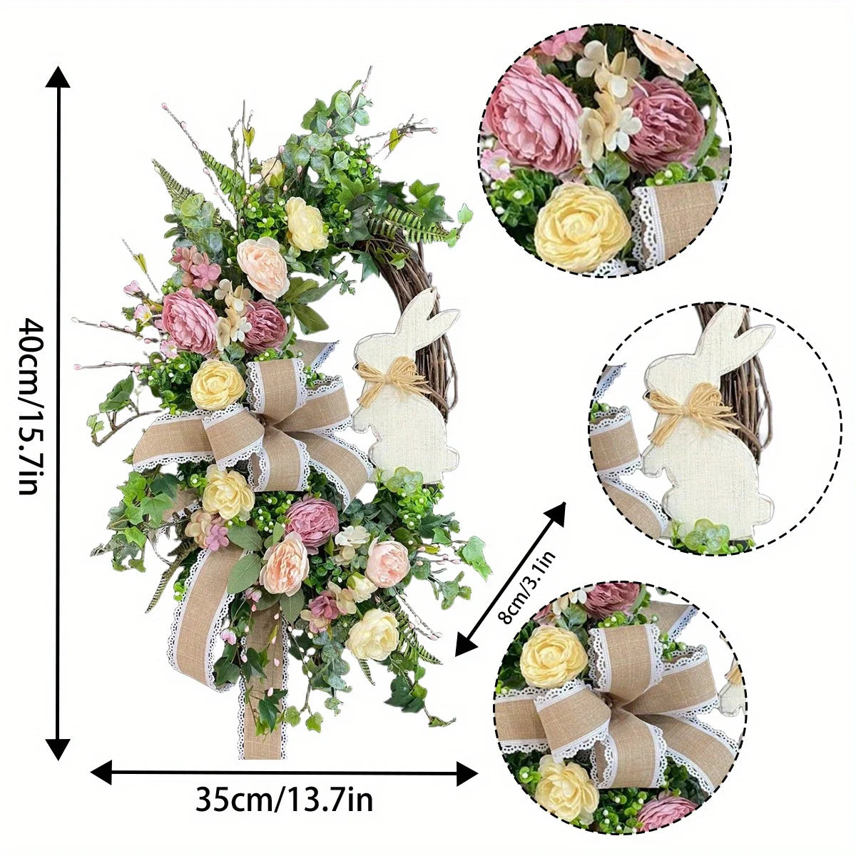 Spring Wreath for Front Door, Easter Wreath Artificial Teardrop Wreath Bunny Artificial Flower Wreath Summer Wreath