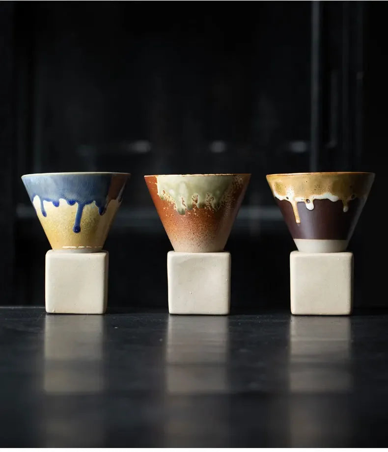 Coarse Pottery Creative Coffee Cup with Base Japanese Retro Conical Ceramic Cups Minimalist Latte Mug  Stoneware Master Teacup