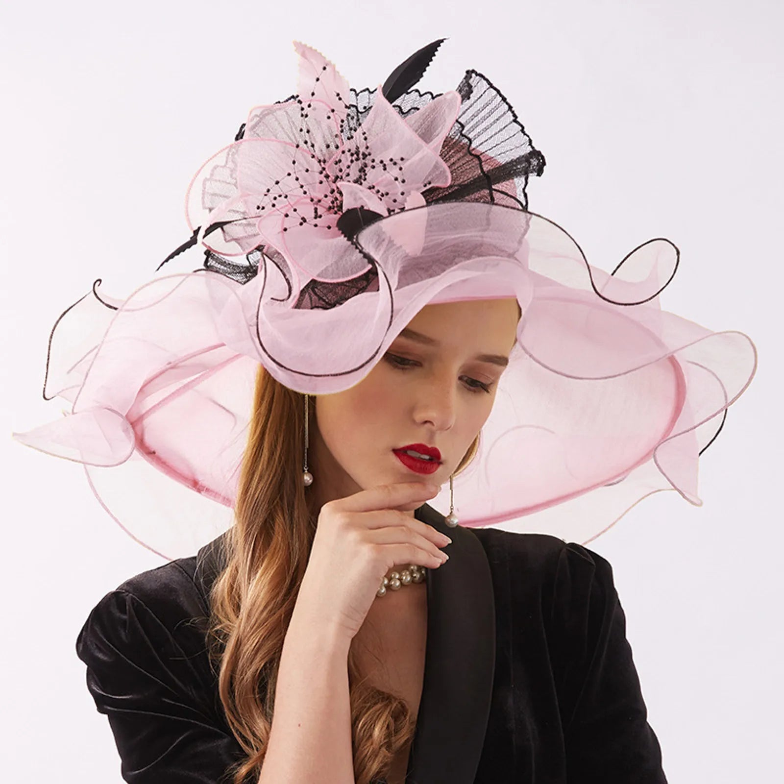 Women Elegant Sun Hats Wide Brim Organza Fedoras Wedding Derby Tea Party Fascinator Hat Summer Floral Sunhats Ladies Beach Cap