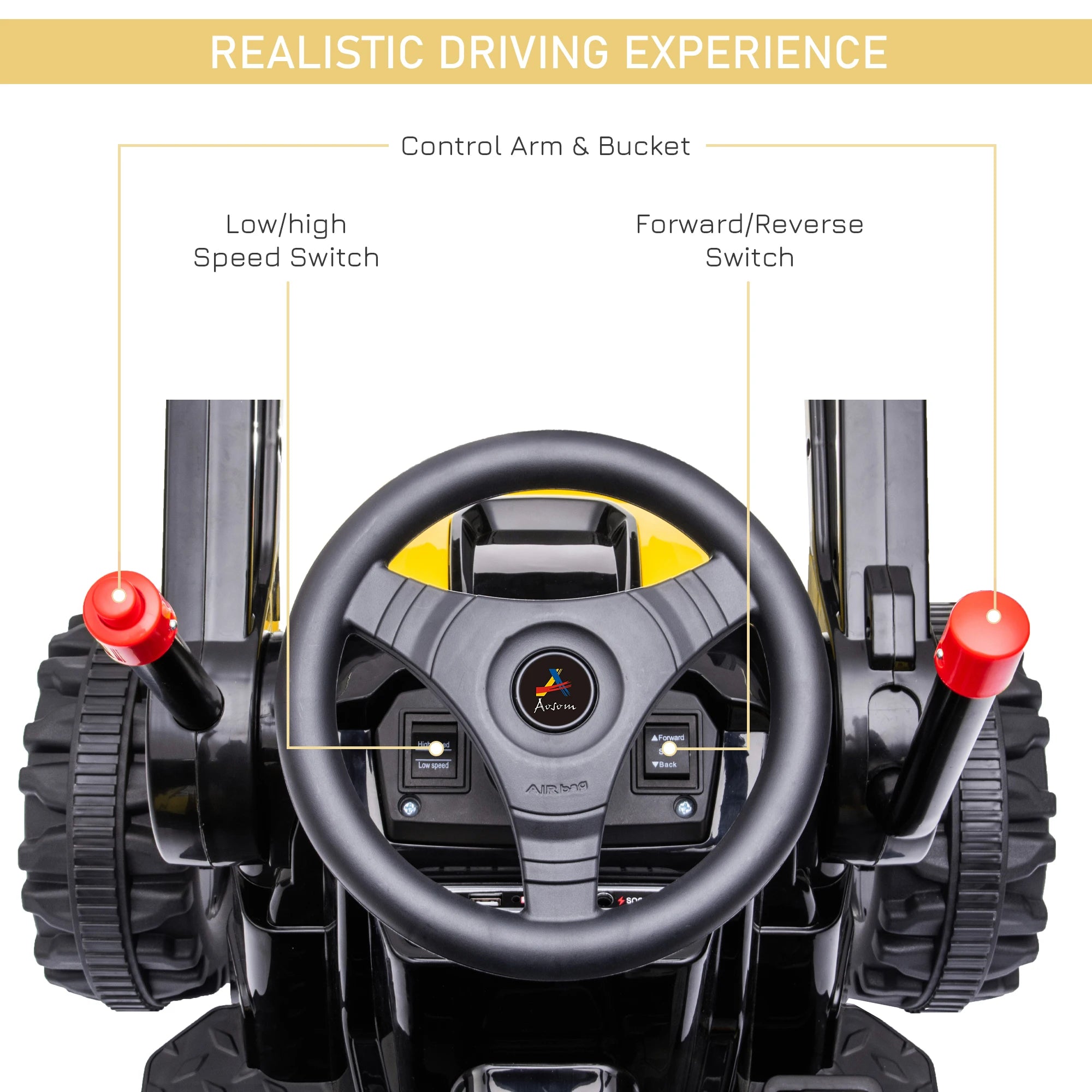 Electric Kids' Ride-On Construction Excavator, Rechargeable Tractor Toy, Yellow