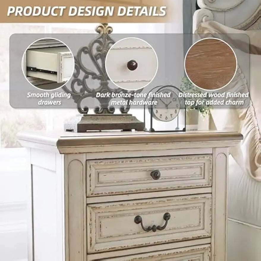 Realyn French Country 3 Drawer Nightstand with Electrical Outlets & USB Ports, 27.75" Tall, Chipped White 2025 NEW