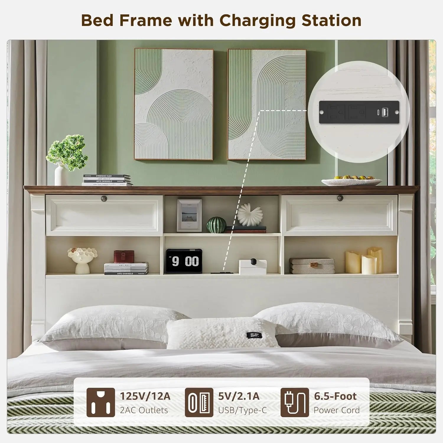 Farmhouse King Size Bed Frame with 54" Tall Storage Bookcase Headboard, Wood Platform Bed Frame(Antique White)