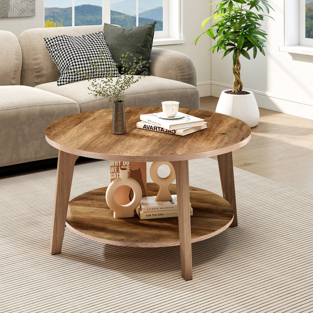 JHK 32IN Wood Round Coffee Table For Living Room 2-Tier Center Counter with Storage 50 lbs Capacity Anti-Slip Feet Modern Design