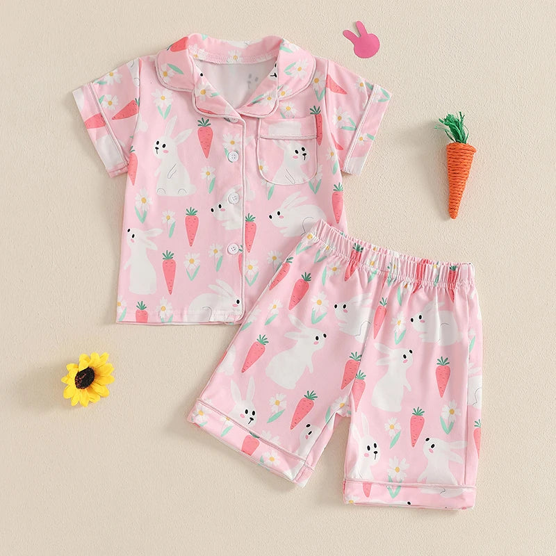 Adorable Toddler Girls Easter Bunny Pajama Set with Short Sleeve Top and Shorts for Spring Summer Loungewear - 2 Piece Set