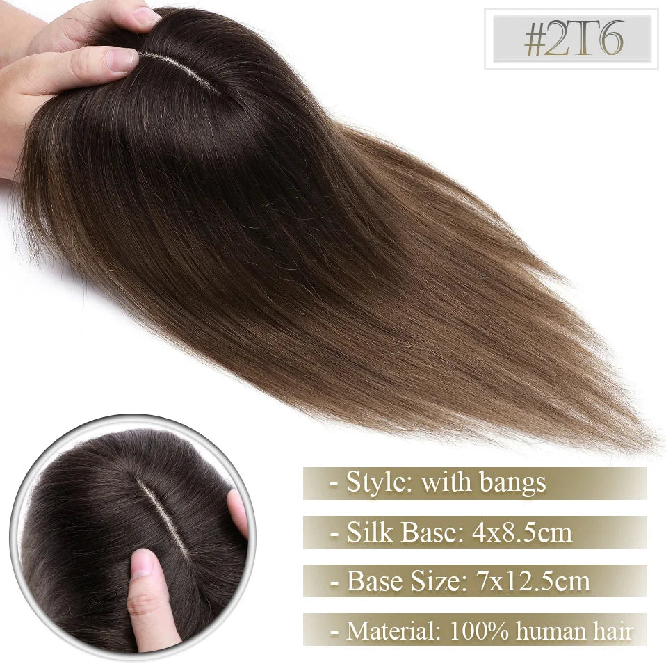 TESS Women Topper 7x12.5cm Hair Toppers With Bangs Natural Hair Wig Human Hair Silk Base Center Part Hair Clip In Hair Extension
