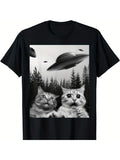 NEW BEST TO BUY Print Women Short Sleeve Funny Duo Cats Selfie with UFOs Cat Lover Gift T-Shirt Kawaii Clothes