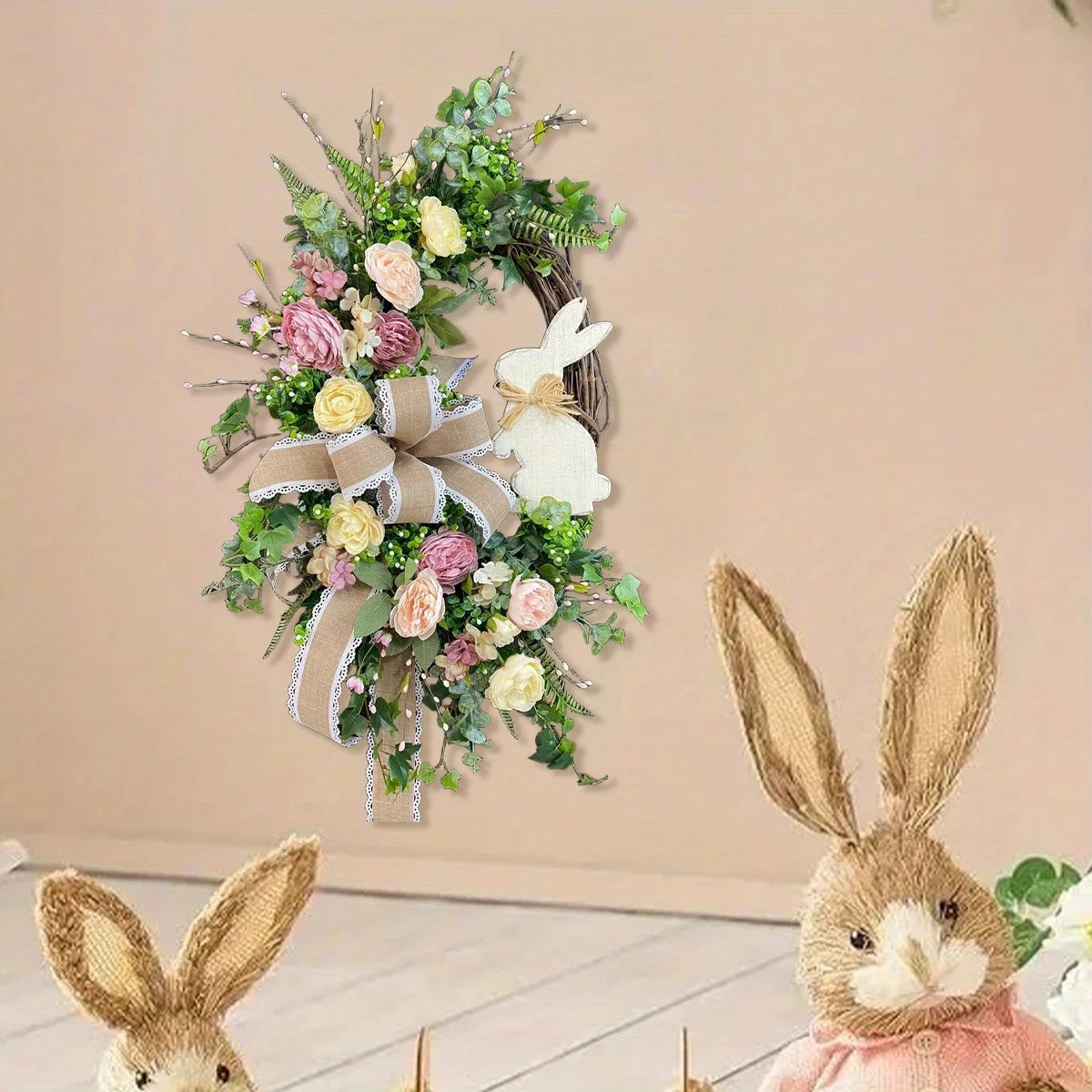 Spring Wreath for Front Door, Easter Wreath Artificial Teardrop Wreath Bunny Artificial Flower Wreath Summer Wreath