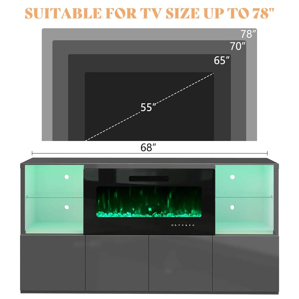 68" Modern High Gloss Fireplace TV Stand, Fireplace Entertainment Center with Fireplace & LED Lights for TVs up to 78",