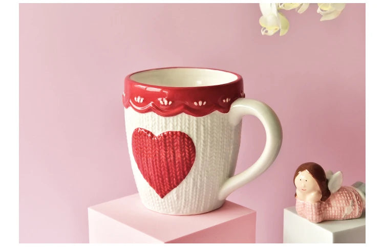 480ml Large Ceramic Coffee Mug Kawaii Bowknot Tea Cup Pink Wool Knitting Mug Dishwasher and Microwave Safe