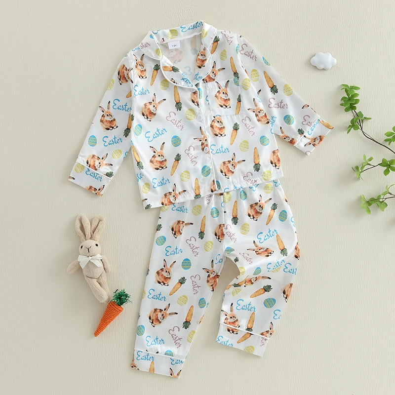 Children s Easter Pajama Set Adorable Bunny and Carrot Print Pajamas with Long Sleeve Top and Matching Pants for Boys