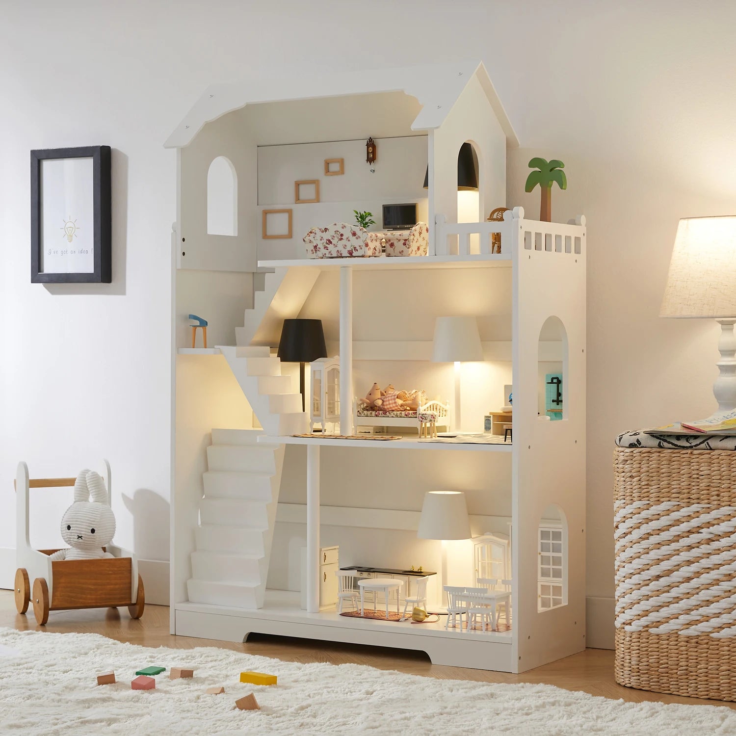 Wooden Dollhouse Bookshelf 3-Tier Doll House Bookcase Kids Books Toys Dolls Storage Organizer Shelves for Children's Bedroom