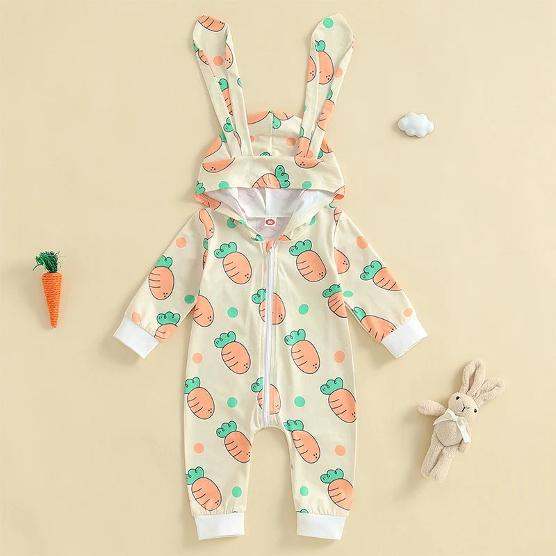 Easter Bunny Print Cotton Blend Long Sleeve Rompers for Infant Boys and Girls Hooded Spring Bodysuits with Cute Rabbit Design