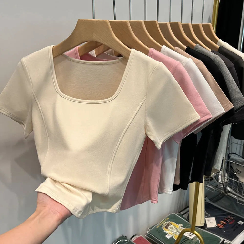 Fashion Summer Square Neck T-shirt Sweet Simplicity Slim Top Casual Trendy Short Top Female