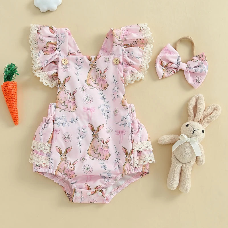 Toddler Girls Floral Bunny Print Lace Trim Flutter Sleeve Romper with Bow Headband Easter Outfit Set 2 Pieces