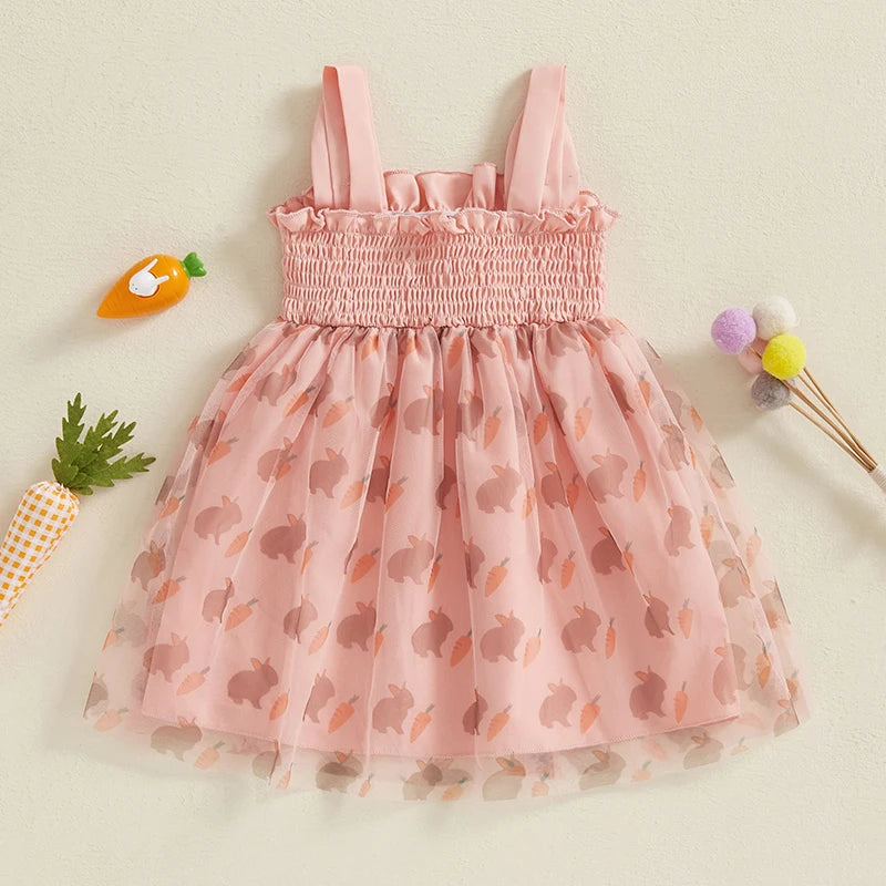 Girls Easter Bunny Print Sleeveless Dress Summer Fashion Casual Kids Princess Dress with Carrot Pattern