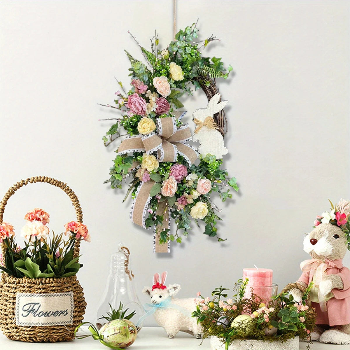 Spring Wreath for Front Door, Easter Wreath Artificial Teardrop Wreath Bunny Artificial Flower Wreath Summer Wreath
