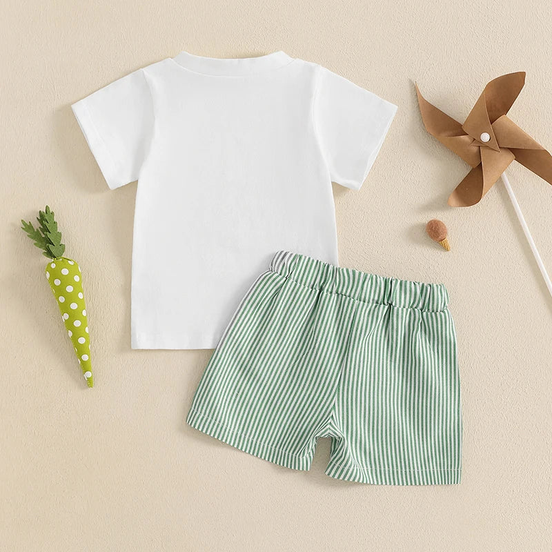 Toddler Boy Easter Bunny Carrot Print Short Sleeve T-shirt and Plaid Shorts Set for Spring Holiday Outfit