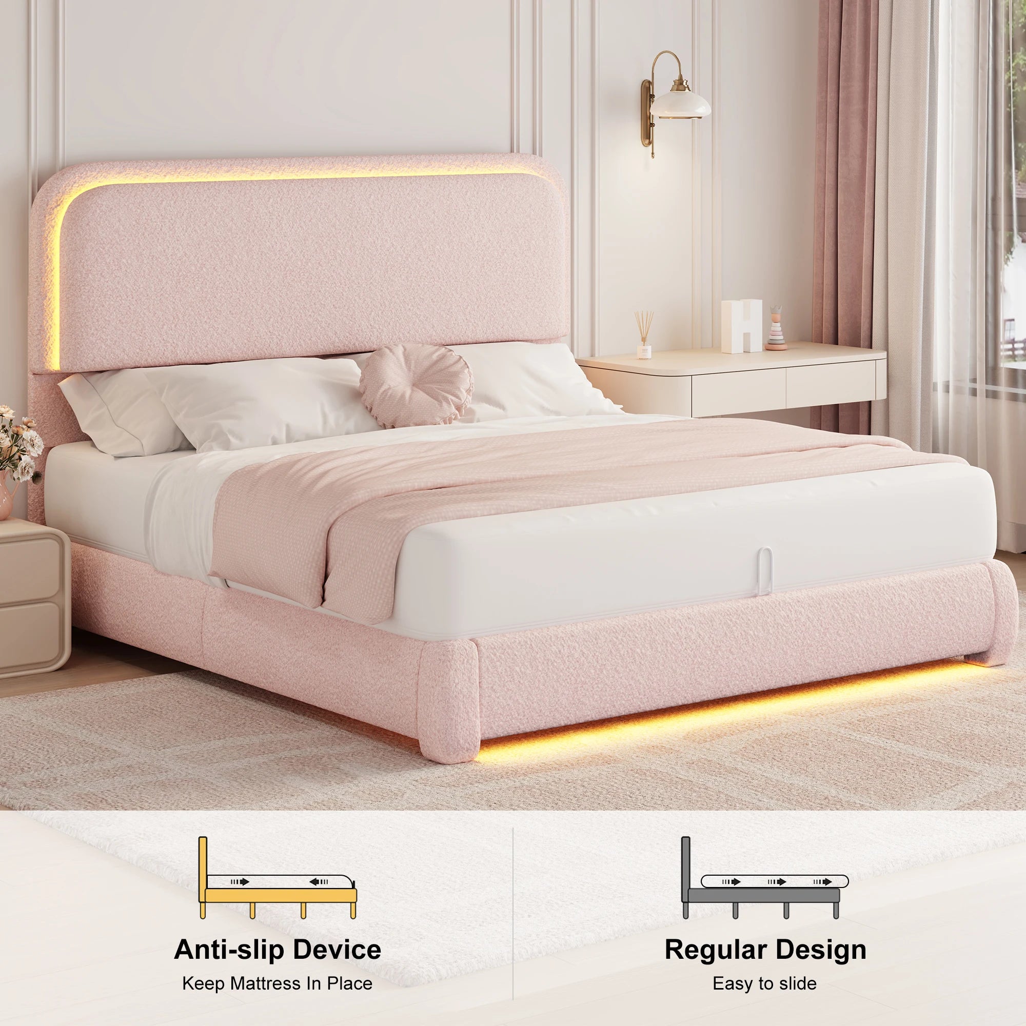 Full Size LED Bed Frame with Storage Drawers, Teddy Upholstery, Rounded Headboard, Soft and Cozy, No Box Spring Needed