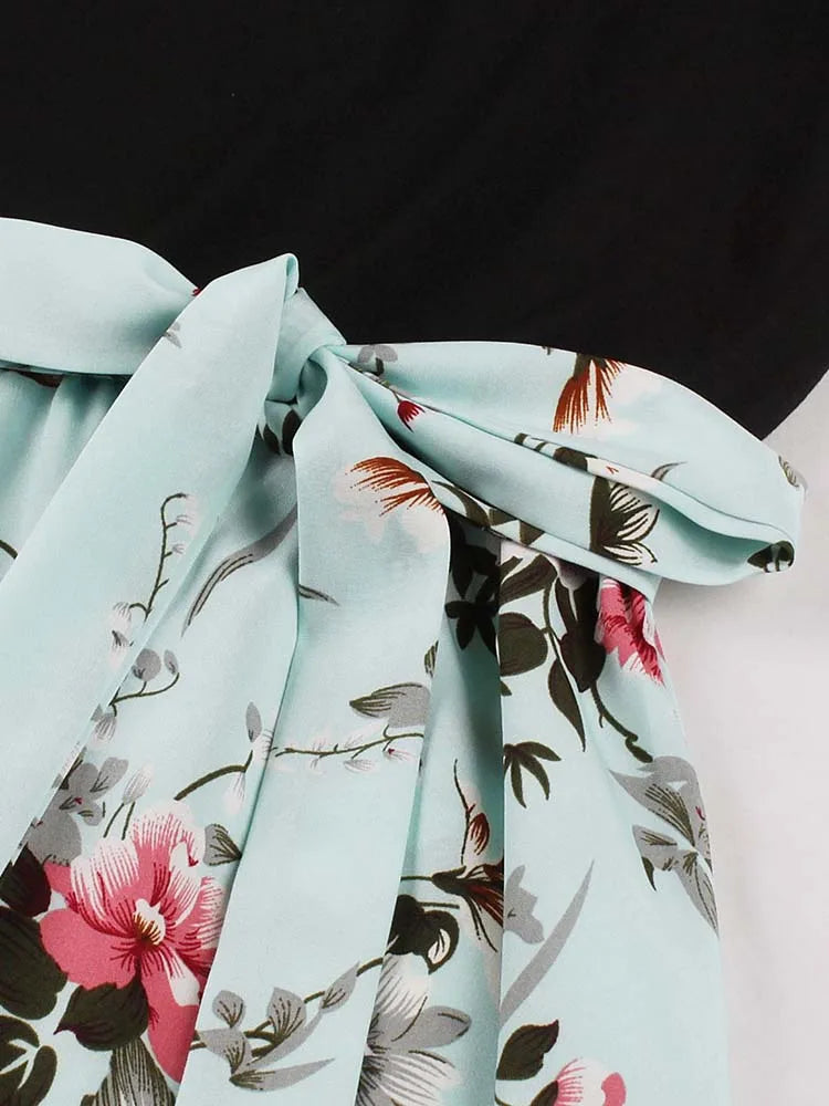 Retro Vintage Women's Summer Dress V-Neck Sleeveless High Waist Chic Floral Print with Belt 50s Style
