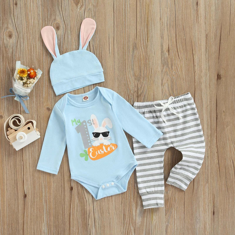 Adorable Infant Easter Outfit 3-Piece Bundle Cute Bunny Print Bodysuit Matching Striped Bottoms Bunny Ear Beanie