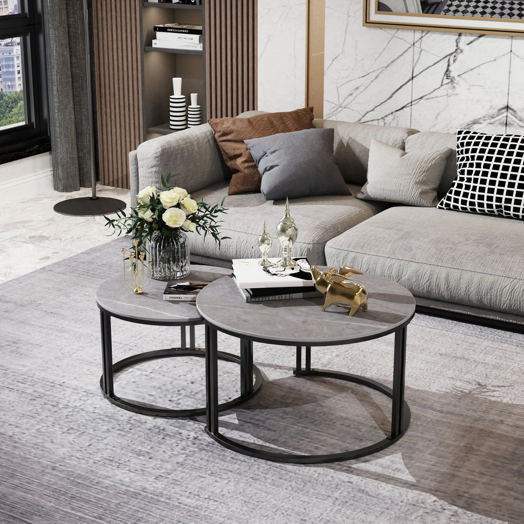 Circle Nesting Coffee Table Set of 2, Modern Chic Round Nested Center Coffee Table with Sinter Stone-top Stacked Sofa Side Table