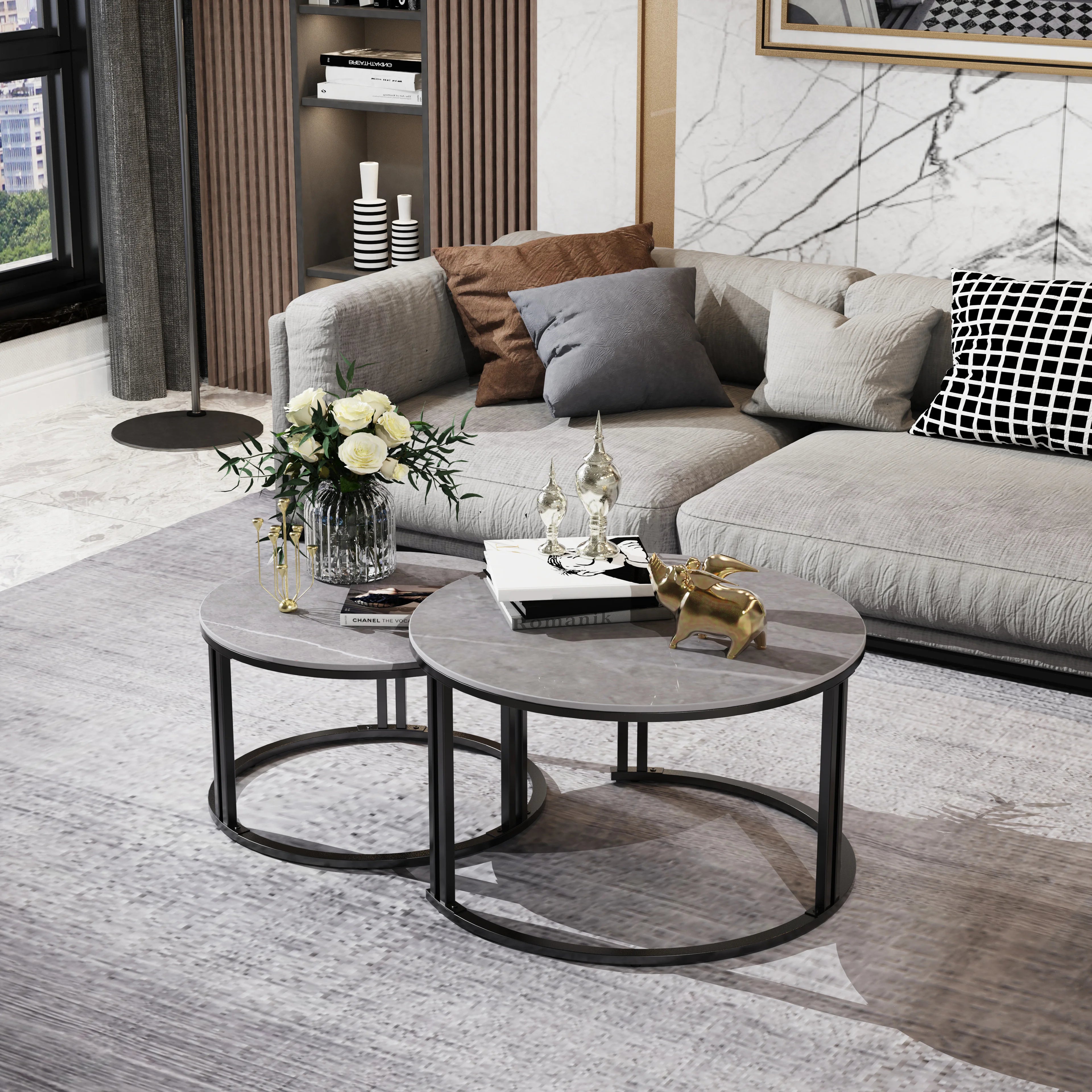 Circle Nesting Coffee Table Set of 2, Modern Chic Round Nested Center Coffee Table with Sinter Stone-top Stacked Sofa Side Table