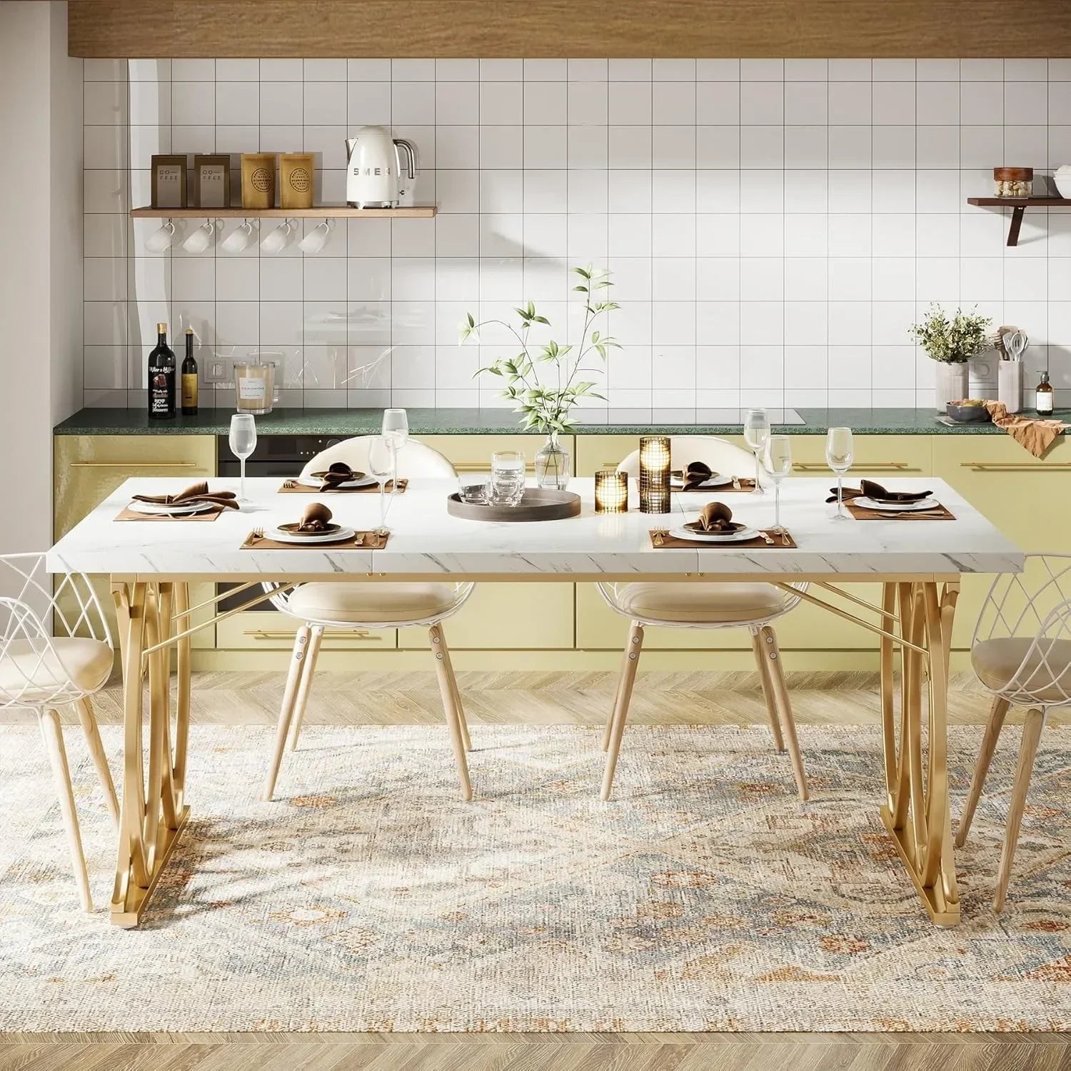 Modern Dining Table, 63" Large Kitchen Table for 4-6 People, Unique Rectangular Dinner Table Kitchen & Dining Room Furniture