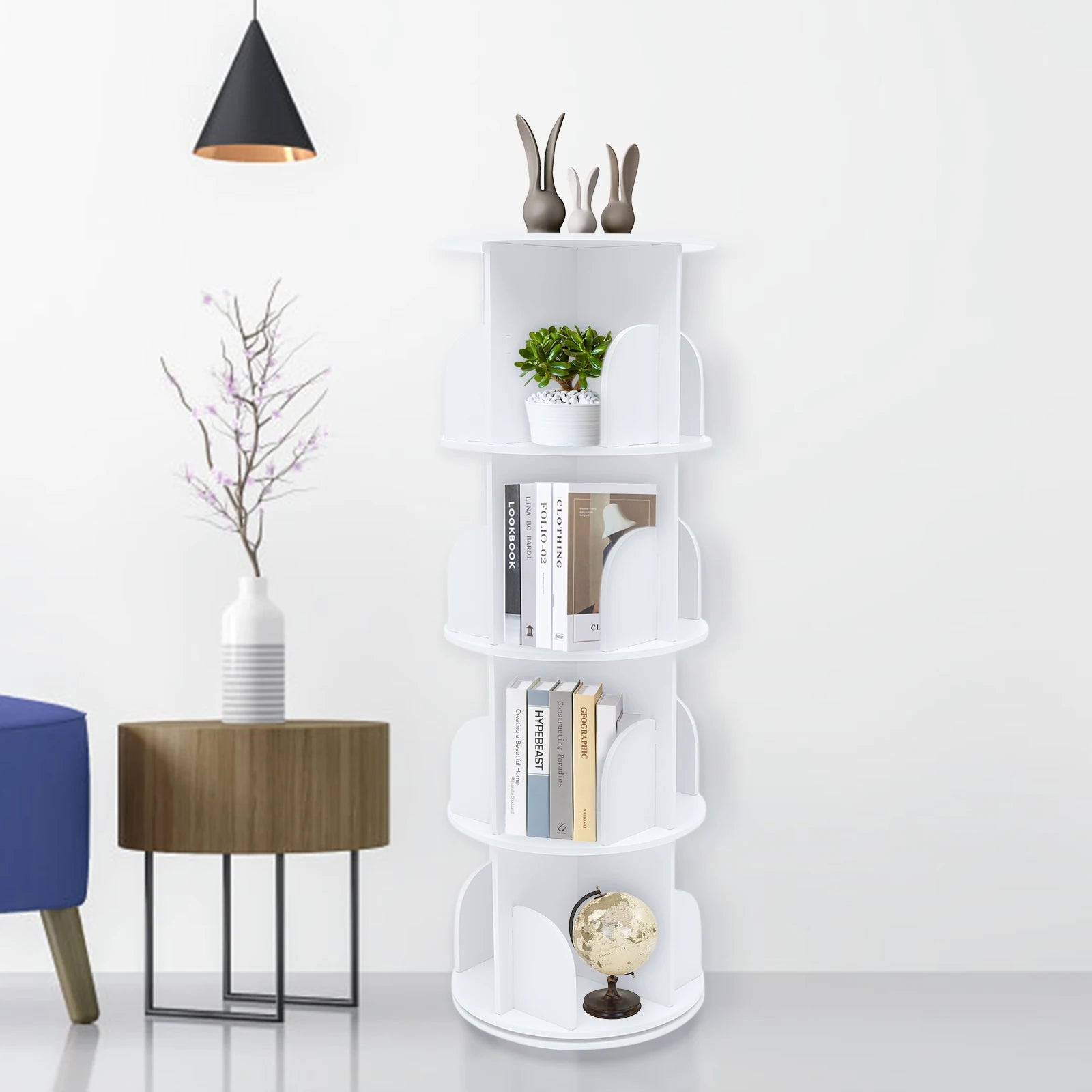 2/4-Tier Wooden Rotatable Bookshelf - 360°Display Floor Standing Storage Rack, White Multifunctional Bookshelf Organizer