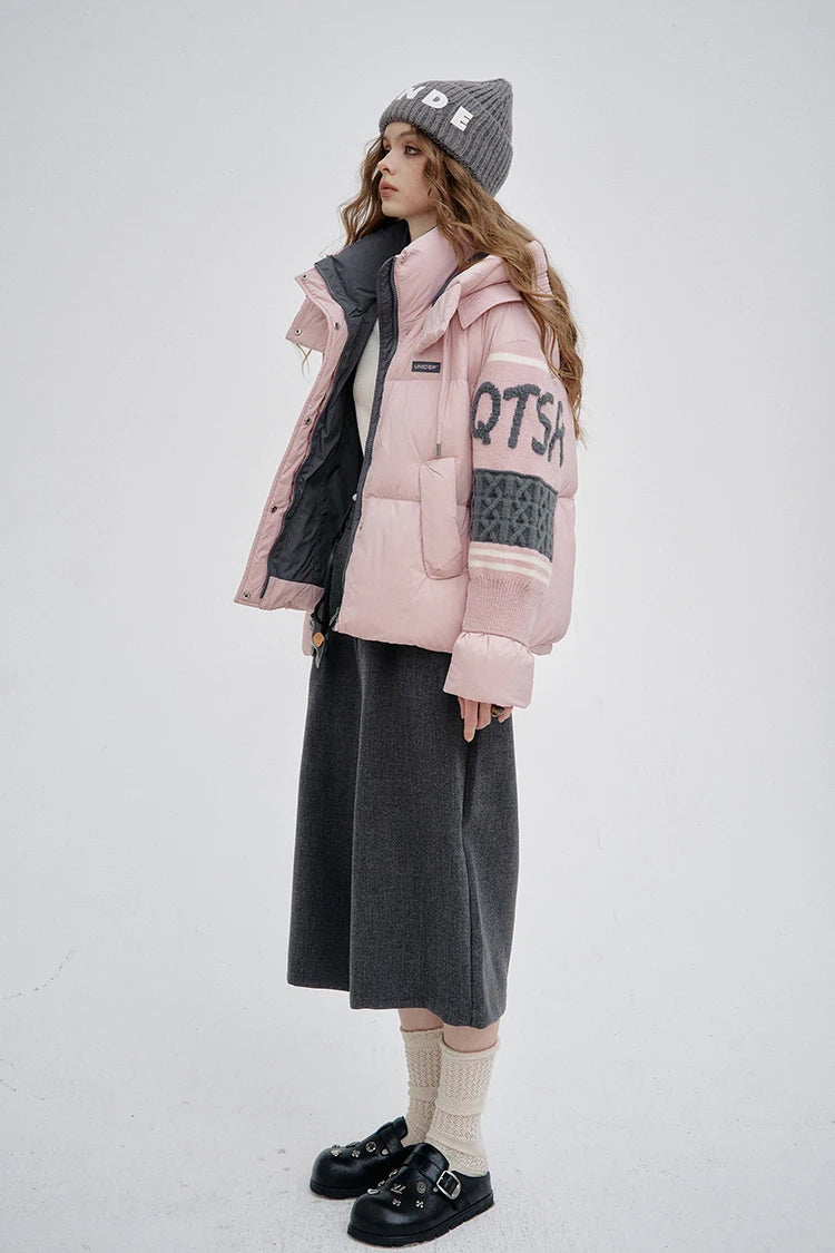 ELFSACK 2025 Winter New Arrivals Casual Preppy Layered Collar Knitted Patchwork Sleeves Mid Length Down Jacket For Woman