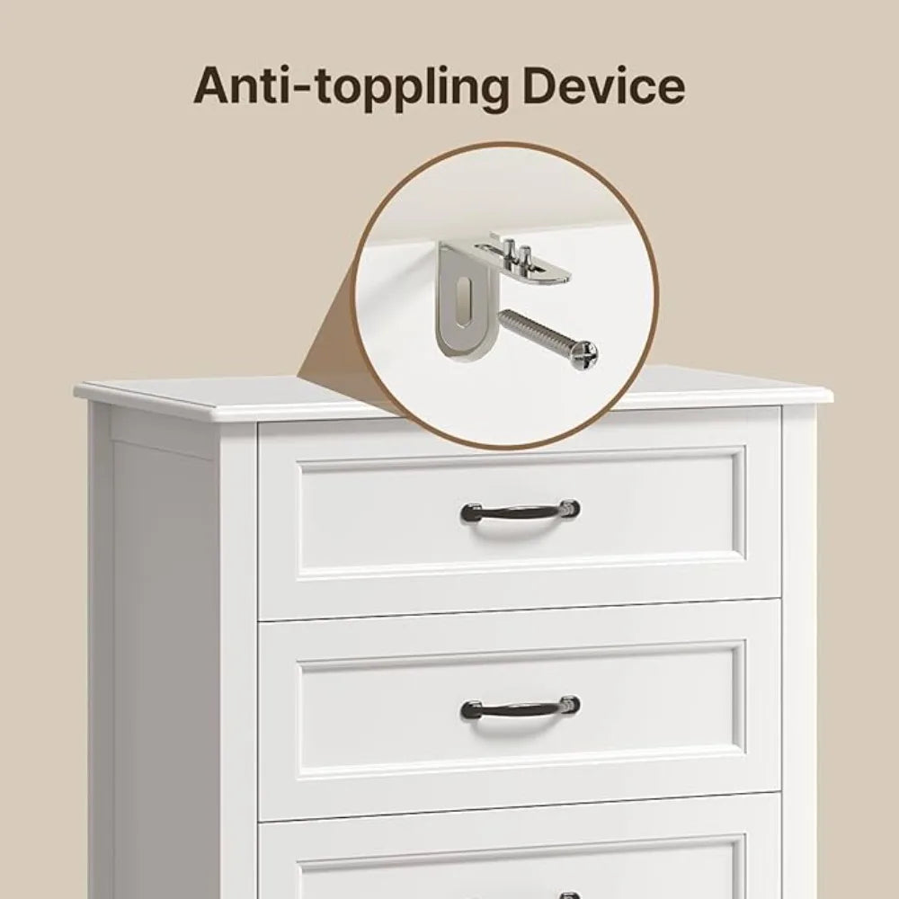 5-drawer dressing table, white wooden bedroom drawer cabinet, 43.3-inch large capacity storage cabinet with anti tipping device