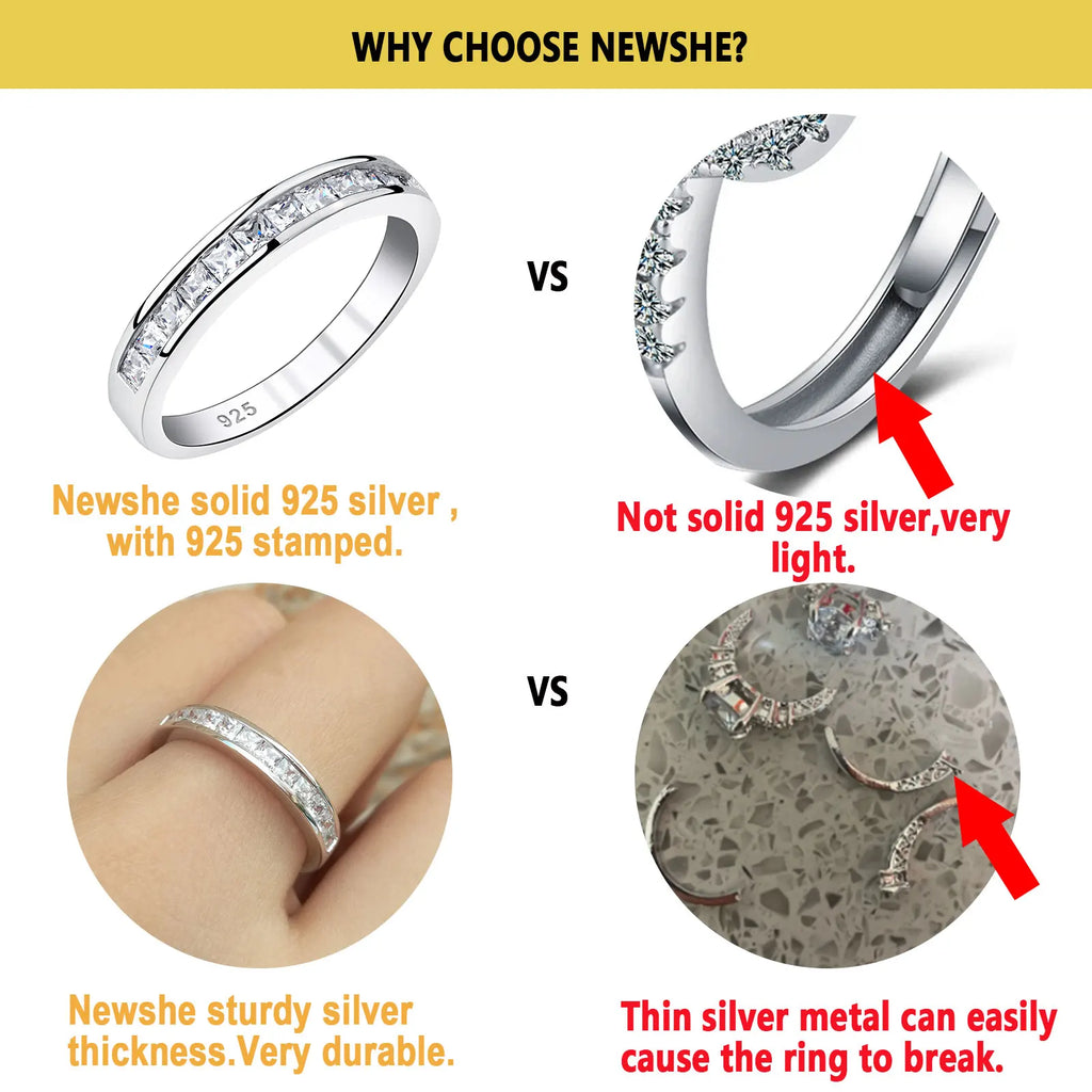 Newshe 925 Silver Wedding Bands for Women Princess AAAAA Cubic Zircon Diamond Stackable Eternity Finger Rings Quality Jewelry
