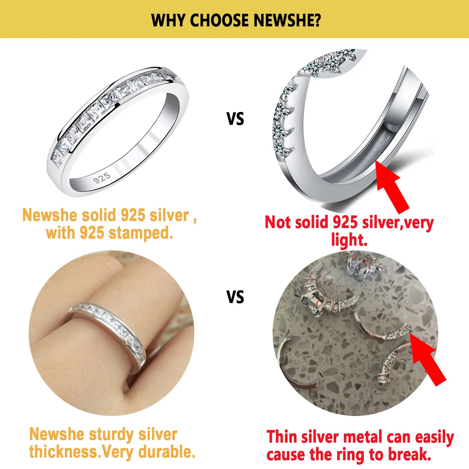 Newshe 925 Silver Wedding Bands for Women Princess AAAAA Cubic Zircon Diamond Stackable Eternity Finger Rings Quality Jewelry
