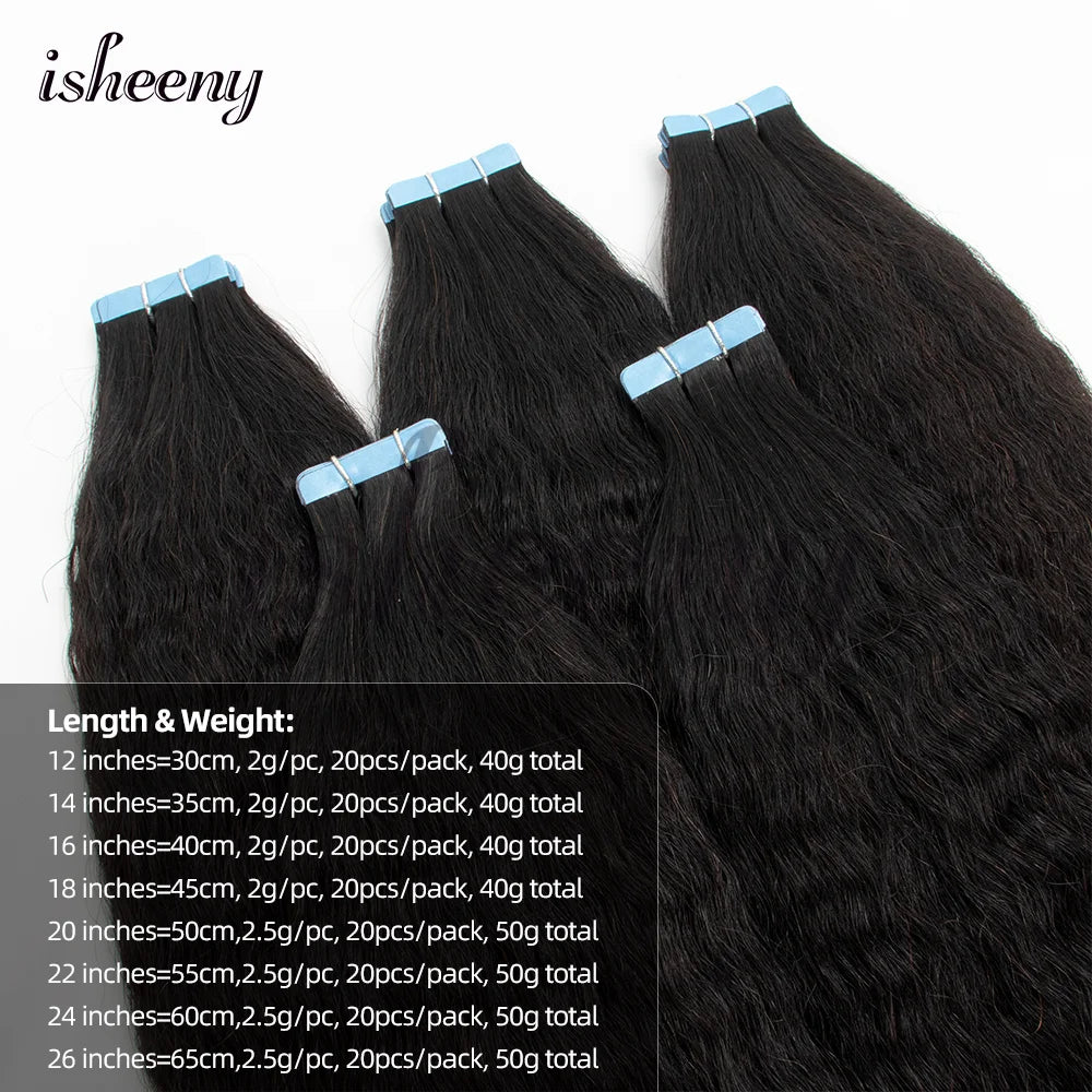 Kinky Straight Invisible Tape In Human Hair Extensions 12"-20" Natural Black Real Remy Tape Ins Hair Easy To Wea For Woman