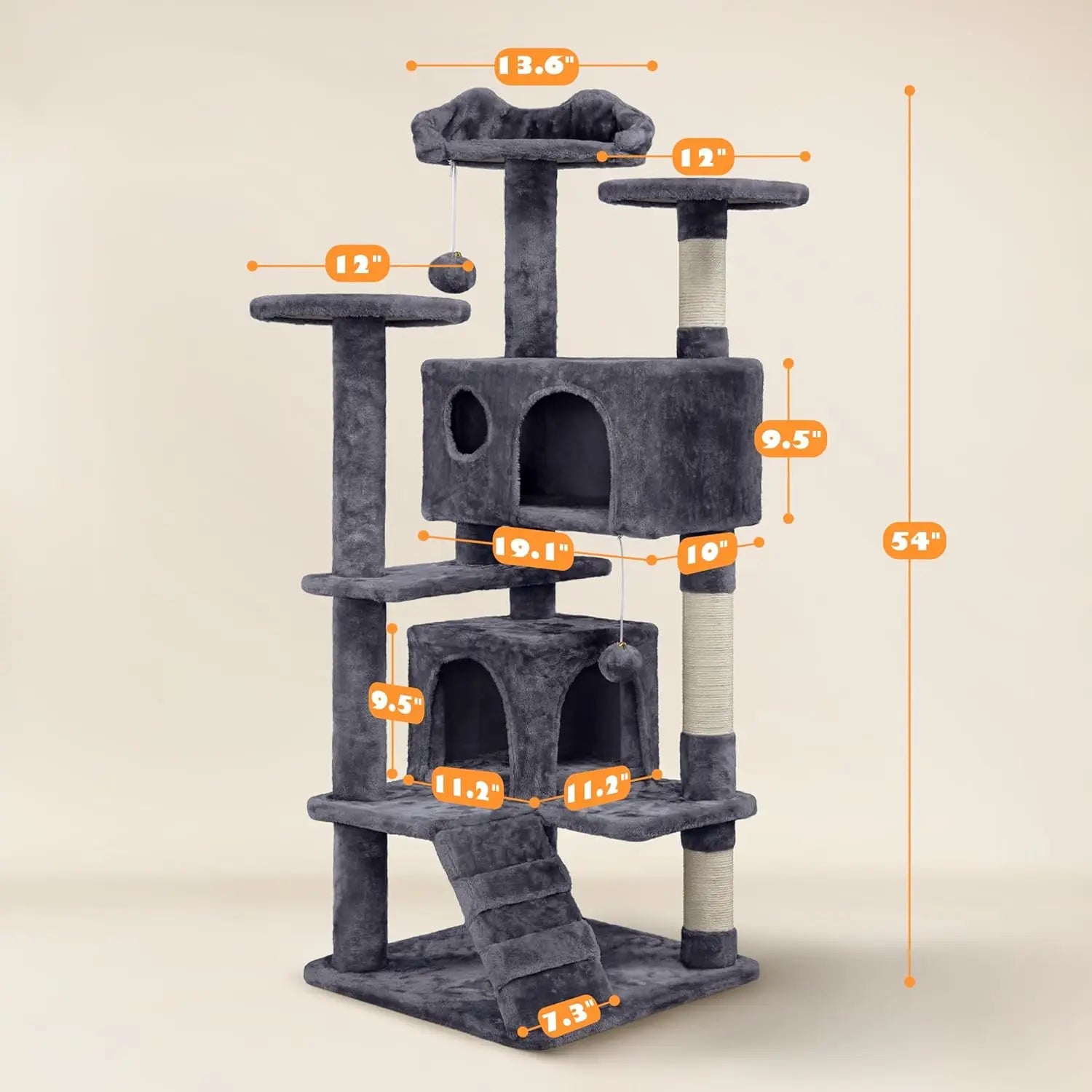 54in Cat Tree, Multi-Level Cat Tower With Spacious Kitten-ear Perch, 2 Cozy Caves, Scratching Posts, Climbing Ladder, 2 Plush Ba