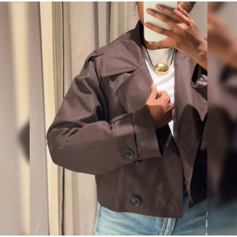 Solid Double-breasted Short Windbreaker Women Fashion Lapel Long Sleeve Slim Thin Jackets 2025 Autumn Female High Street Outwear